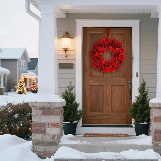 Christmas Wreath, 22-24 Inch Red Amaryllis Floral Wreath for Front Door, Winter Wreath Indoor Outdoor Holiday Decorations for Christmas Winter-unlit