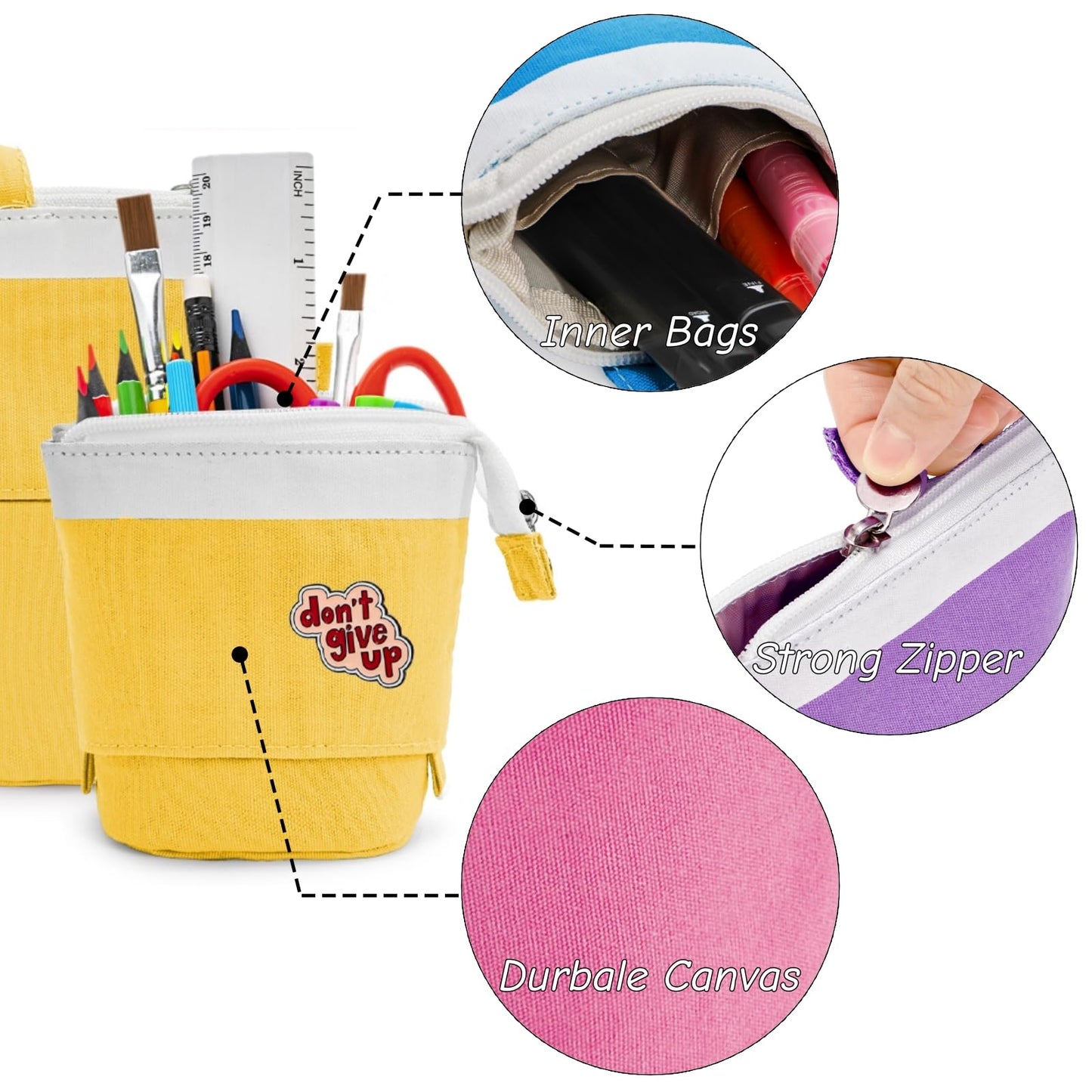 Nagpew 4 Pack Telescopic Pencil Case, Portable Standing Pen Pouch with Pins Zipper, 4 Colors Stand Up Stationary Holder Pop Up Make-up Bag for Pens, Cosmetics, Paintbrushes