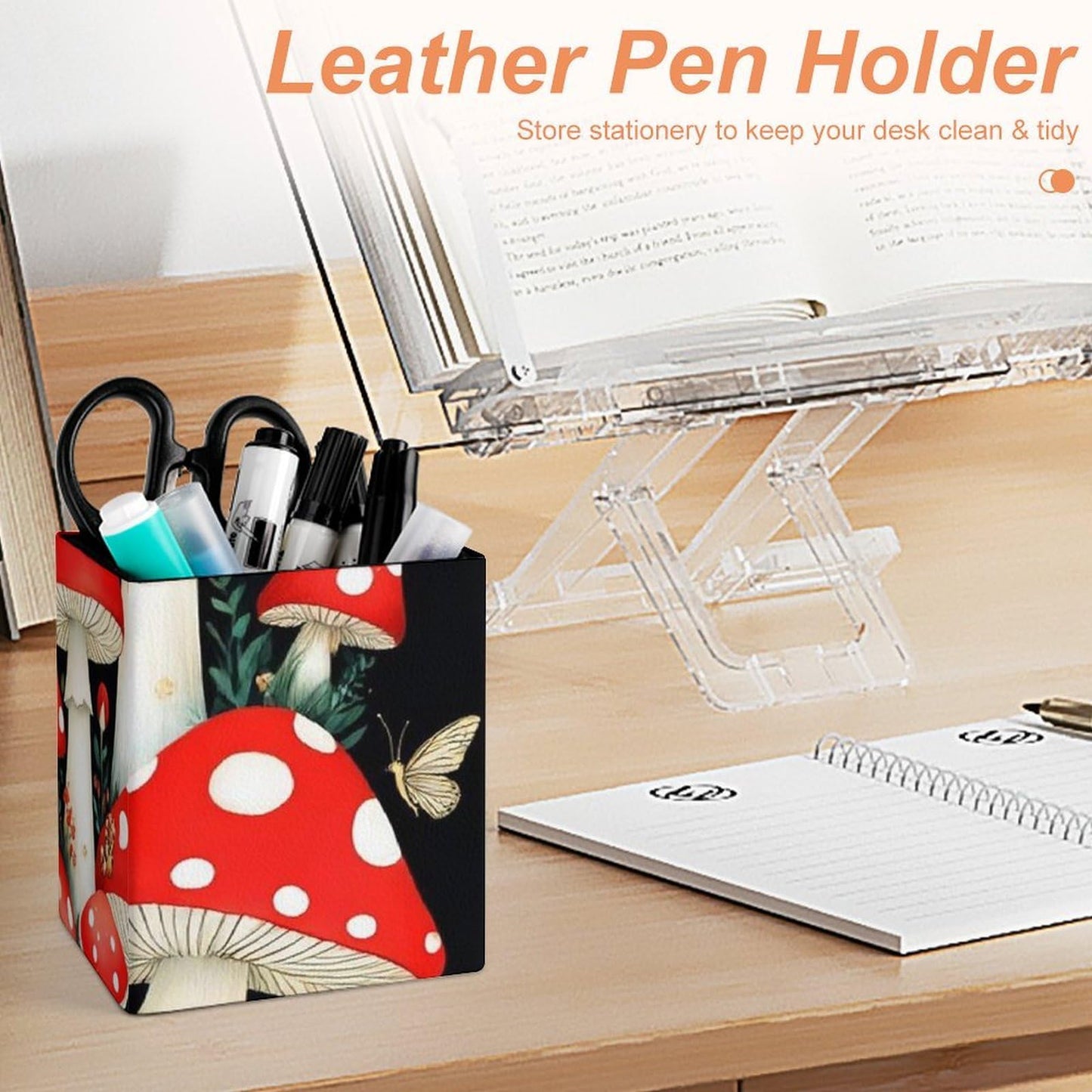UTRSIFB Pen Holder Square Leather Pencil, Holder Cup Makeup Brush Storage Organizer, Waterproof Multifunctional Office Supplies Wild Mushrooms