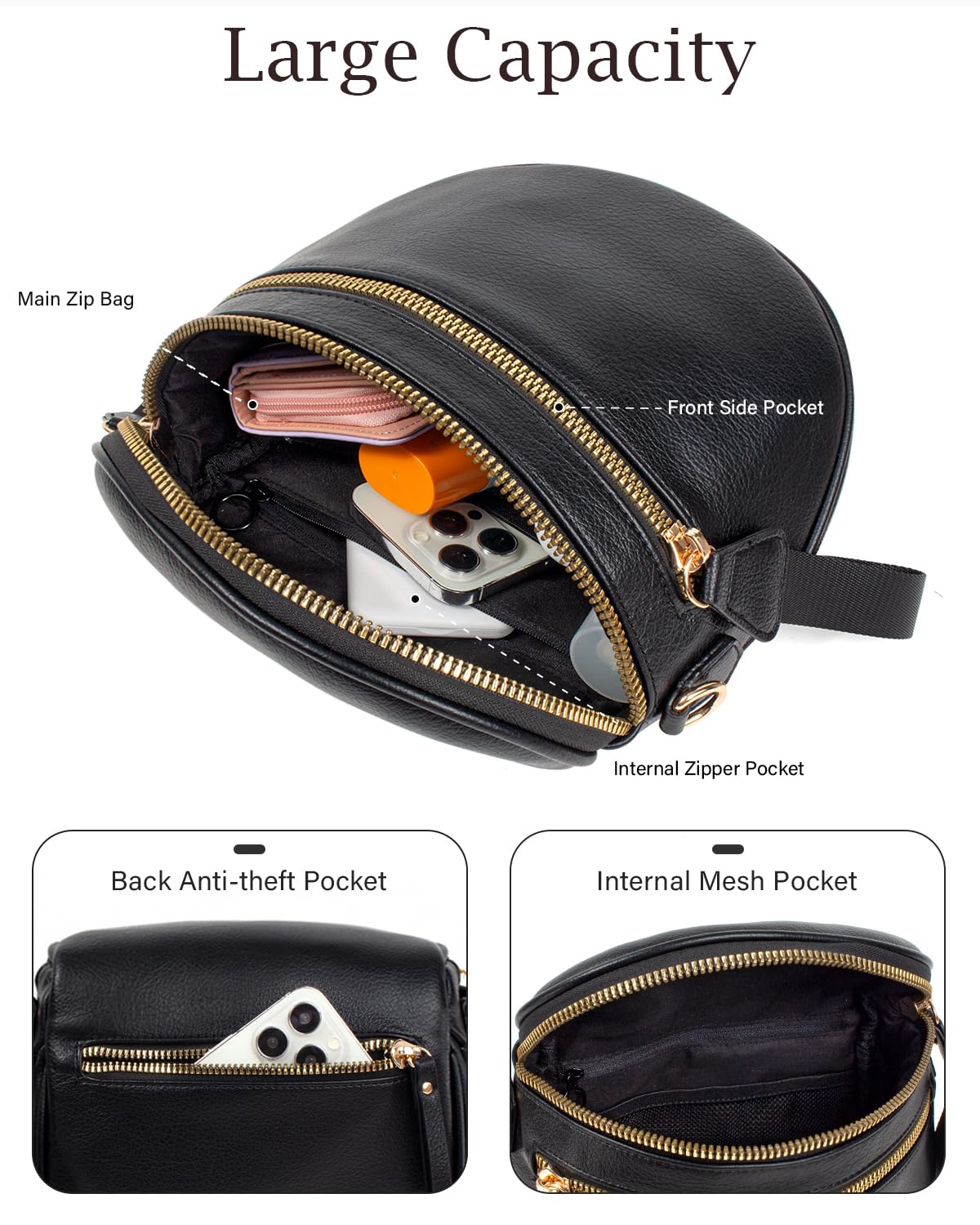 Valentoria Fashionable Womens Leather Waist Bag Crossbody Bag Detachable Wallet Adjustable Shoulder Strap (Black)
