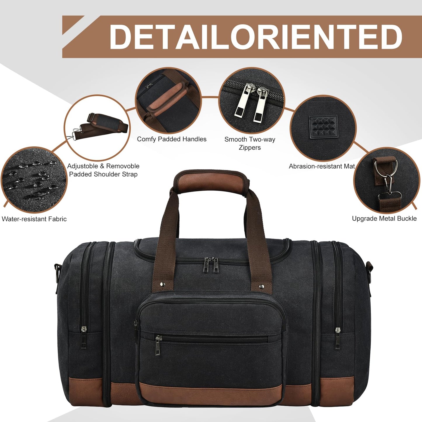 Litvyak Duffle Bag for Travel, 50L Canvas Travel Duffel Bags Overnight Weekend Gym Carry On Luggage Bag for Men & Women(Black+Toiletry Bag)