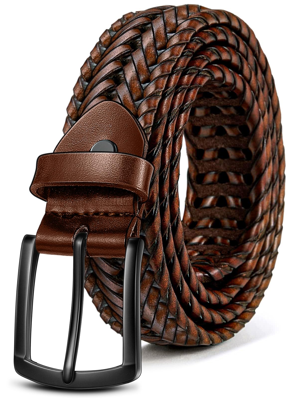 KEMISANT Men Belt, Braided Belt Comfortable For Men Casual Jean Golf 1 3/8"(Light Brown,32"-36" Waist Adjustable)
