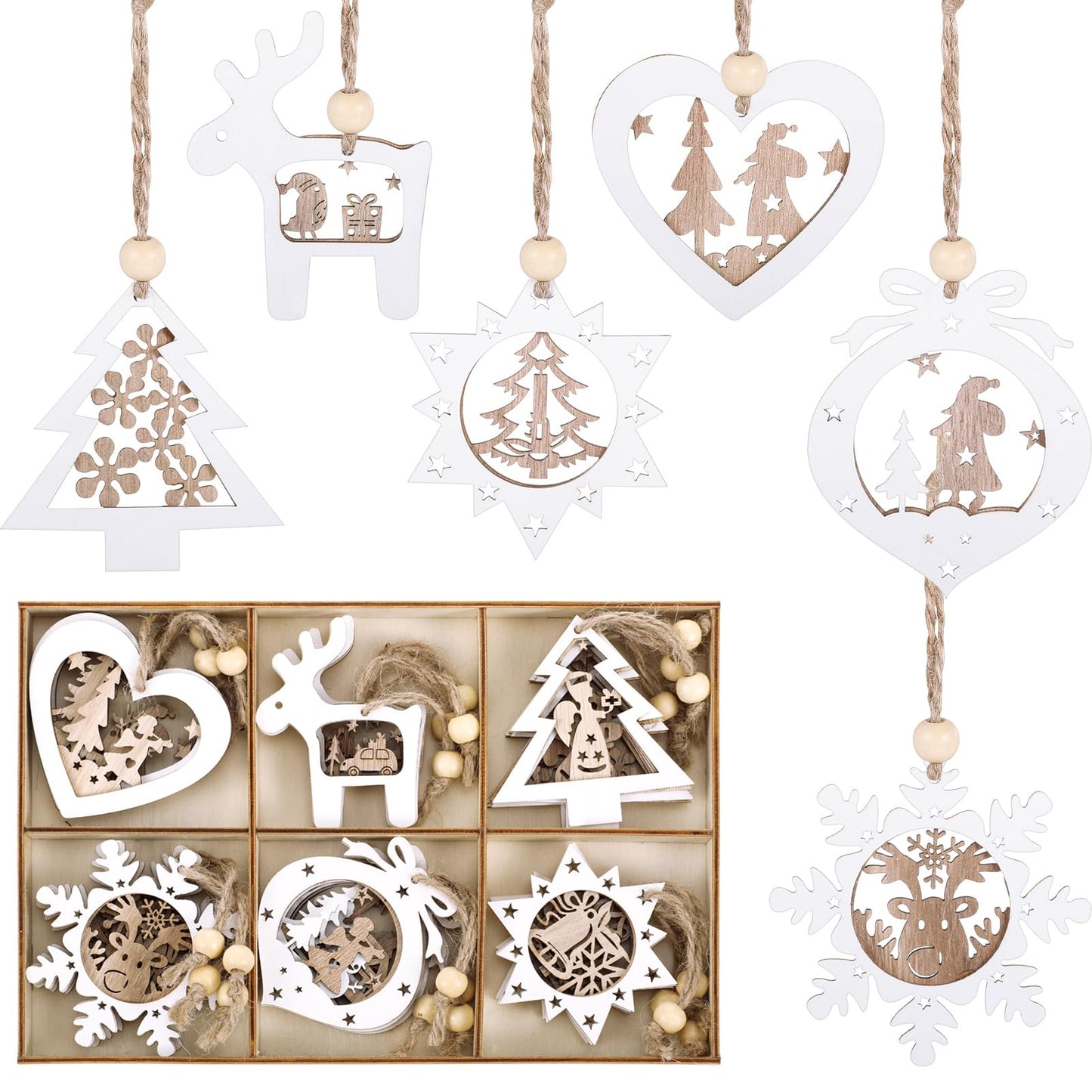 Thyle 24 Pcs Wooden Christmas Tree Ornaments Set 3D Rustic Farmhouse Hanging Christmas Tree Decorations for Winter Xmas Gift Party Office Holiday Decor