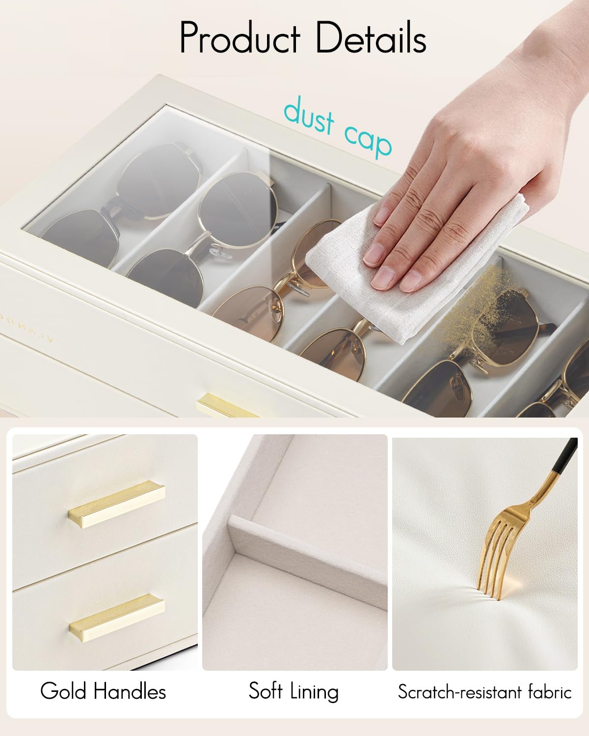 VLANDO 12-Grid Sunglasses Organizer Case, Large Capacity Eyeglass Storage Box with Clear Top Lid & 2 Drawers, PU Leather Sunglass Holder for Women Men, Ideal Gift for Eyewear Lovers - Beige