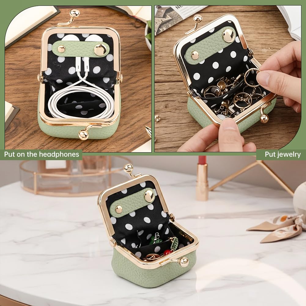 Genuine Leather Mini Jewelry Box with Kiss Lock, Portable Travel Jewelry Case Coin Purse for for Rings, Earrings, Pendants, Necklaces, Small Organizer Box for Girls Women(Green)