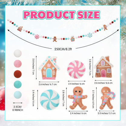Newwiee Christmas Felt Garland 3D Felt Gingerbread Garland Hanging 8.2 ft Candy Pom Ball Banner for Christmas Holiday Playroom Mantel Wall Decoration