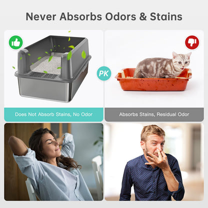 WoofiGo Enclosed Stainless Steel Cat Litter Box with Lid, XL Extra Large Litter Box for Big Cats, Metal Litter Pan High Sided, Never Absorbs Odors, Anti-Urine Leakage, Easy Cleaning, Include Scoop