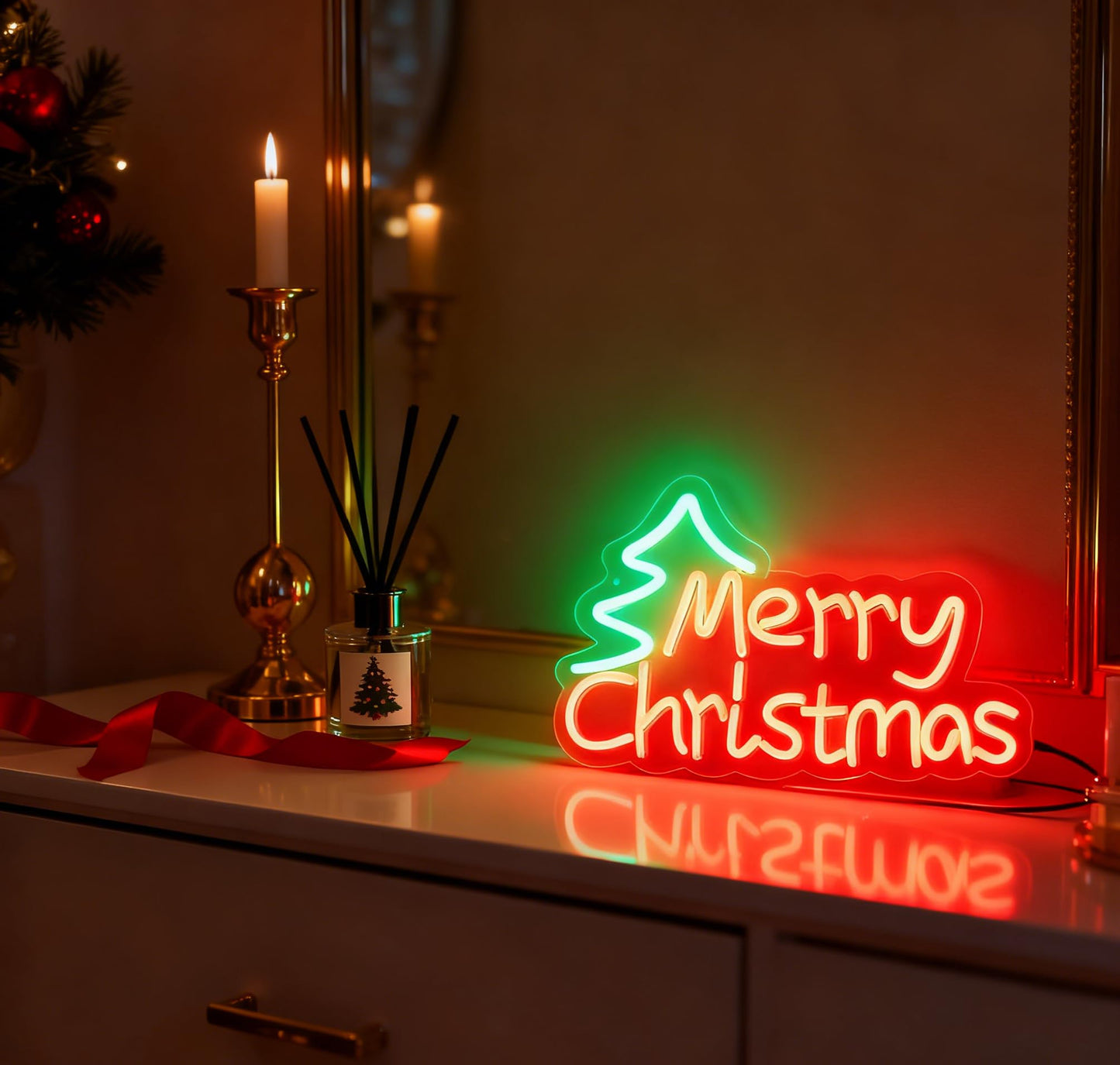 Merry Christmas LED Neon Sign, Dimmable Merry Xmas Decorative Light Holiday Theme Decor for Living Room Bedroom Party Pub Home Wall Table Festive Vibe Light Up Letters Sign, 17 x 10.2 In