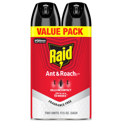 Raid Ant & Roach Killer 26, Fragrance Free Bug Killer for Home Use, Kills Bugs on Contact, 17.5 Oz, 2 Count