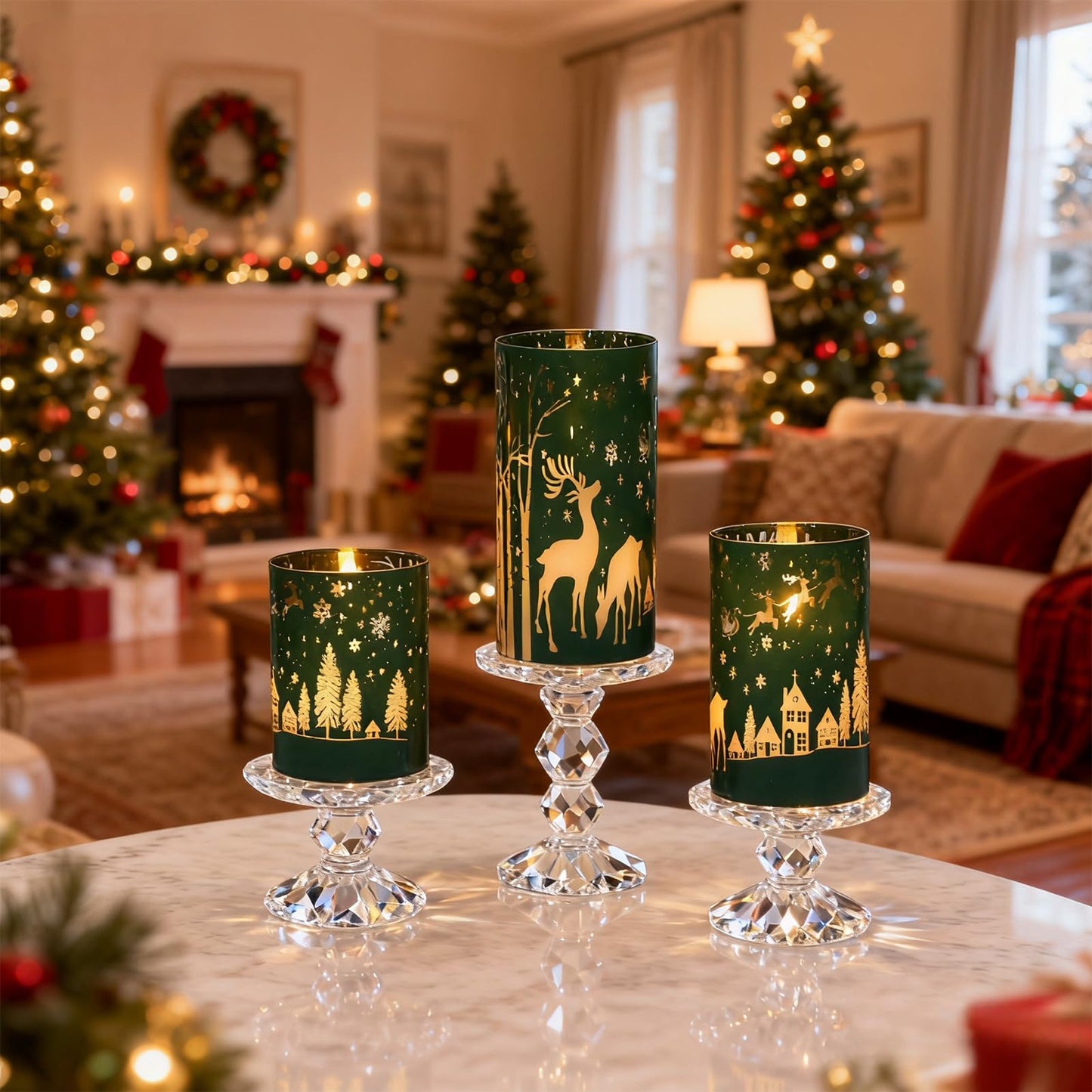 DRomance Christmas Flameless Candles Battery Operated with 10-Key Remote and Timer 3D Wick Flickering Electroplating Glass Reideer LED Candles Indoor Holiday Decorations(Green, 3" D x 4", 5", 6" H)