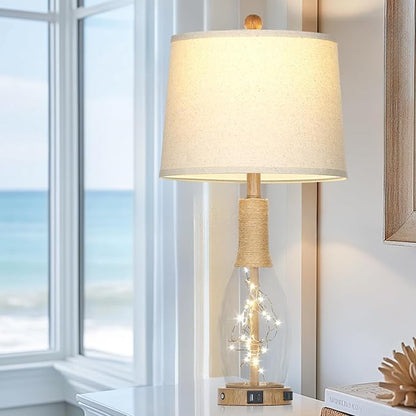 28" Coastal Table Lamps for Bedroom Set of 2, Farmhouse Glass Lamps with 3-Way Dimmable Touch Control Fairy Lights & Type-C Charging for Living Room Nightstand, Beach Nautical Bedside Lamp Rustic Wood