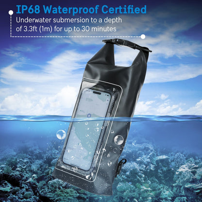 Pelican Marine IP68 Waterproof Dry Bag 2L - Roll Top Waterproof Backpack w/ Phone Case / Pouch - Boating & Kayak Accessories - Essentials for Camping Swimming Beach Fishing Rafting Travel - Black