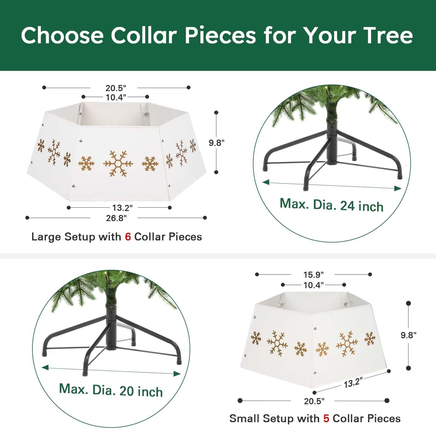 HarcoHome Metal Christmas Tree Collar with 3D Snowflake Authentic, Hexagon Heavy-Duty Iron Tree Base Cover for Pencil Tree, Tree Ring, Tree Skirt for Xmas Decor (Cream with Gold Flakes)