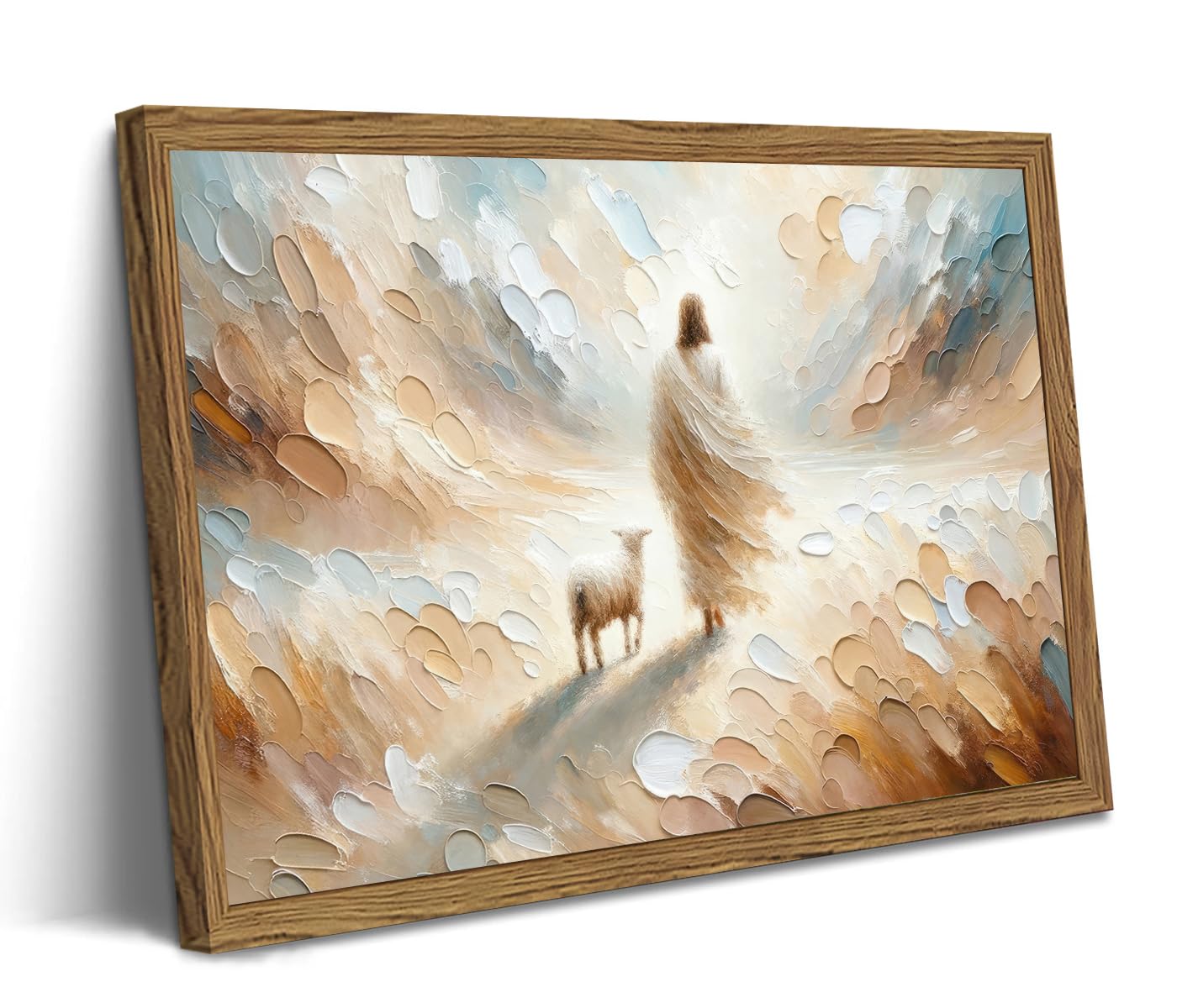 Framed Jesus leaves the 99 Sheep Canvas Wall Art, Christian Jesus and Lamb Wall Decor Paintings, Bible Good Shepherd Poster Prints Religious Home Decor for Living Prayer Room Church 12x16 inch