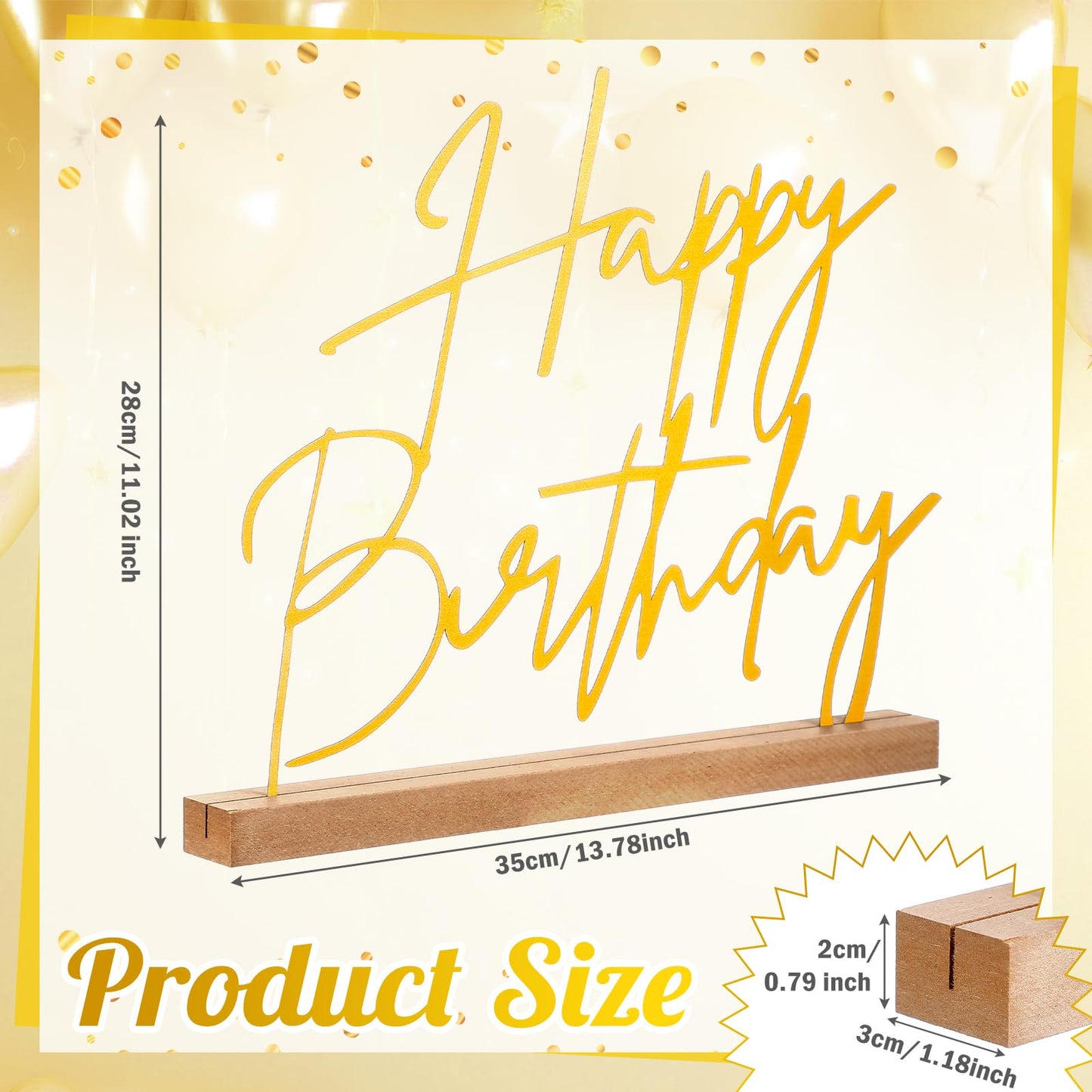 Yaocom 13.78 Inch Happy Birthday Table Sign Happy Birthday Metal Letter Decor Freestanding Tabletop Decoration with Wooden Base for Home Tiered Tray Centerpiece Mantel Shelf Fireplace Office