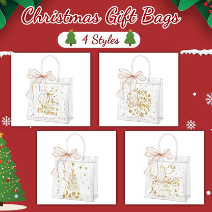 Henoyso 24 Pcs Gold Christmas Clear Gift Bags Plastic Goodie Candy Treat Bag with Handles PVC Gift Wrap Totes with Ribbon for Xmas Party Favors (7.8 x 7.8 x 3.1)