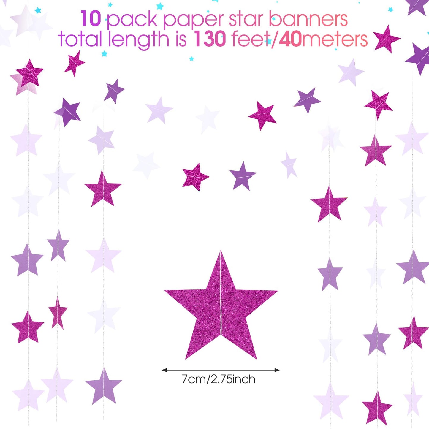 Patelai Glitter Star Garland Banner 2026 Graduation Decor 130 Feet Star Hanging Banner Twinkle Backdrop for Party Birthday Classroom Wedding Supplies(Purple,White)