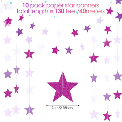 Patelai Glitter Star Garland Banner 2026 Graduation Decor 130 Feet Star Hanging Banner Twinkle Backdrop for Party Birthday Classroom Wedding Supplies(Purple,White)