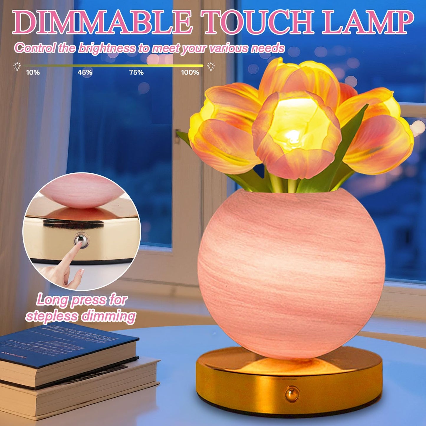 Strackvial Tulip Table Lamp, Rechargeable Cordless Touch Dimming Artificial Tulip Flower Desk Lamp, LED Flower Bedside Night Light Romantic Gifts for Girl Women Mom (Pink Tulip)