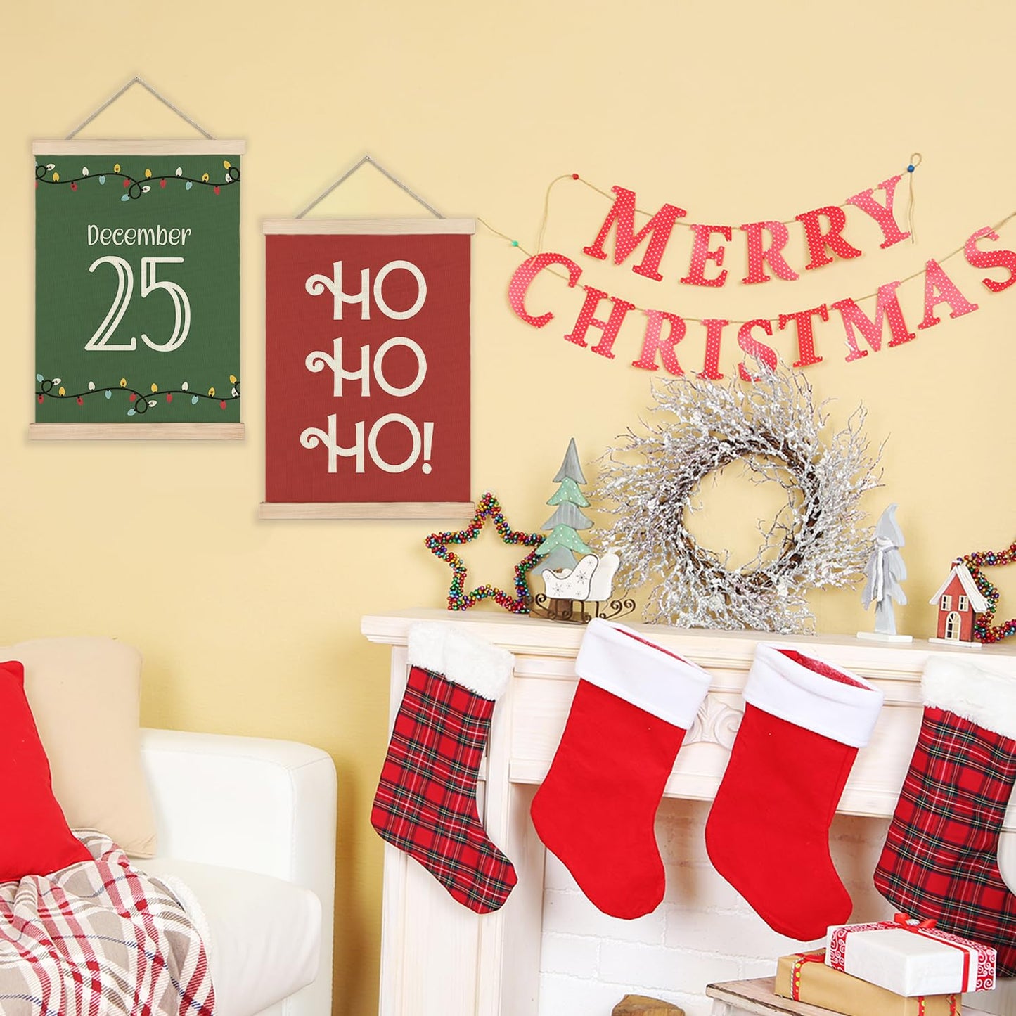 LUVADIAN Christmas Wall Decor, Hohoho Christmas Lights Wall Art With Wooden Poster Hanger, Christmas Wall Decoration, Red and Green Christmas Wall Decor for Home Office, 12x16 Inch Set of 2