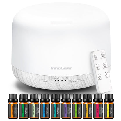 InnoGear Aromatherapy Diffuser & 10 Essential Oils Set, 500ml Essential Oil Diffuser with Remote Control Ultrasonic Cool Mist Scent Humidifier Vaporizer Auto-Off Timer for Room Office Home, Yellow