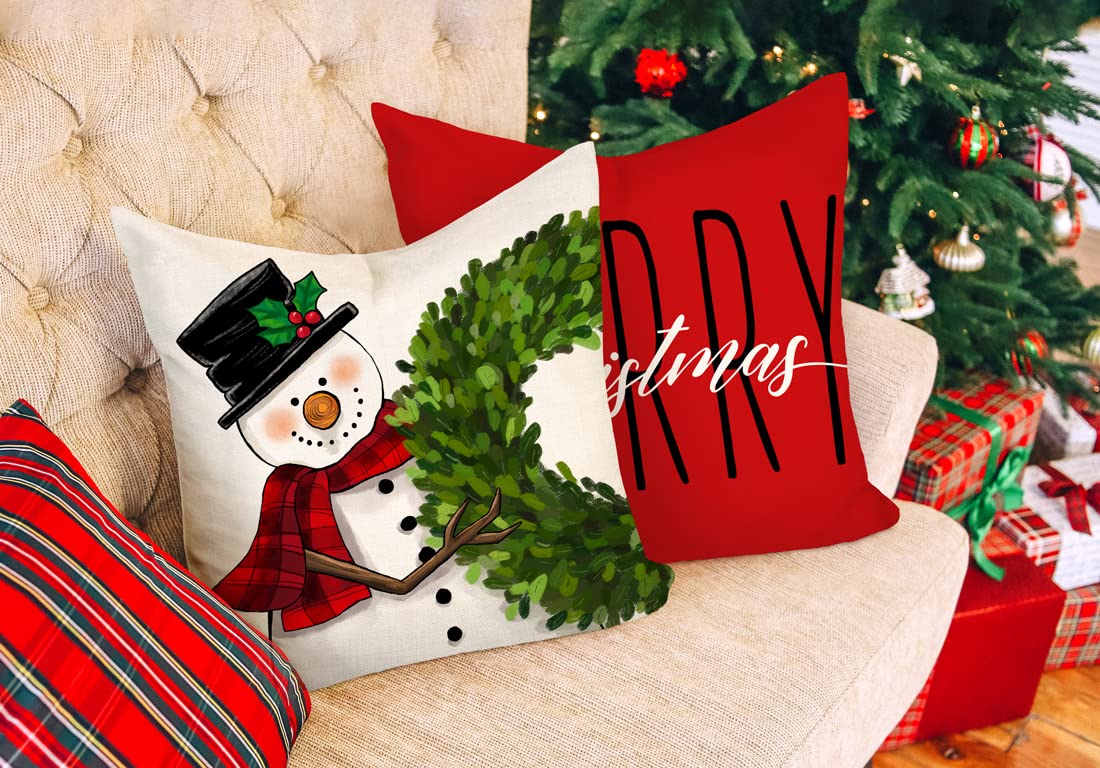 Red Christmas Pillow Covers 18x18 Set of 4 - Farmhouse Decorations With Snowman, Wreath, Santa Claus, Tree - Merry Christmas Holly Jolly Winter Holiday Decor Throw Cushion Case for Home Couch S22C17
