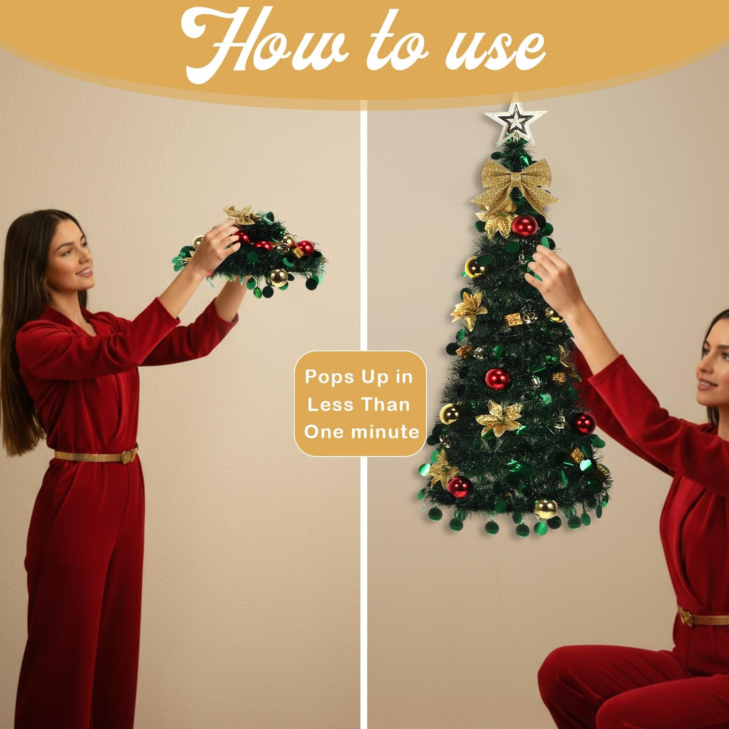Suncalla Wall Christmas Tree with Lights 40inch, Artificial Wall Hanging Xmas Decoration with 50 LED String Lights, Saving-Space Door Hanging Xmas Tree Small Space Home School Office(Gold)
