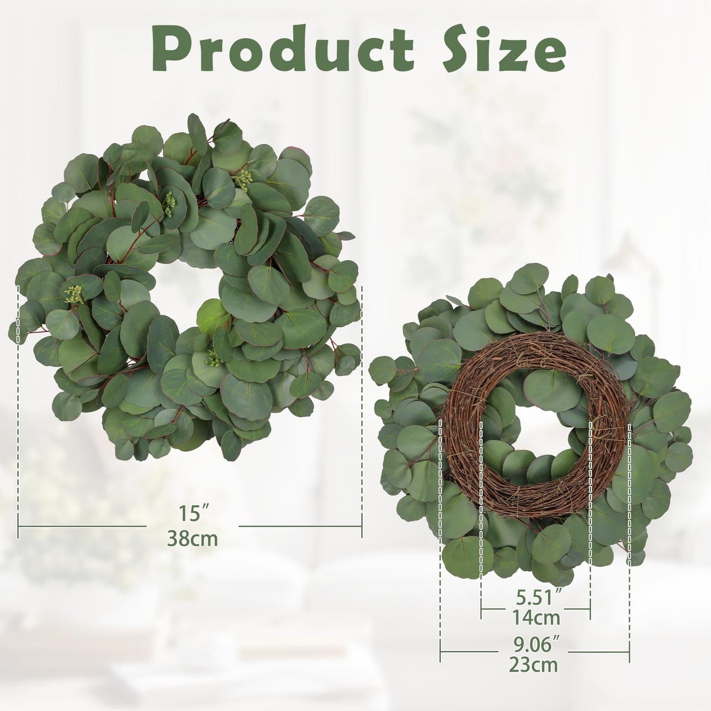 Briful 15'' Faux Eucalyptus Wreaths for Front Door, Real Touch Greenery Silver Eucalyptus Artificial Door Wreath for Home Farmhouse Wall Mantlte Window Decor