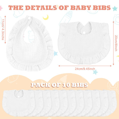 Seematn 10 Pcs Baby Muslin Bibs Drool Bibs Bandana Ruffle Soft Cotton for Newborn Baby Infants Girl Teething Toddlers Boy(White)