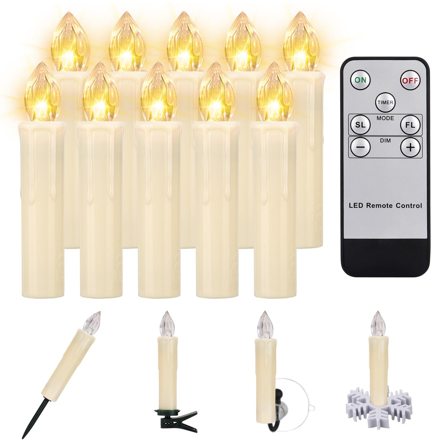 10 PCS LED Window Flameless Taper Candle, Battery Operated Christmas Tree Candle Lights with Remote Timer, Flickering Tree Candles Ideal for Christmas Garden Wedding Birthday Party Decoration
