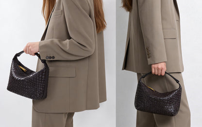 Woven Vegan Leather Tote Bag for Women, Soft Leather Shoulder Bag, Top Handle Handbag Clutch Purse, Coffee