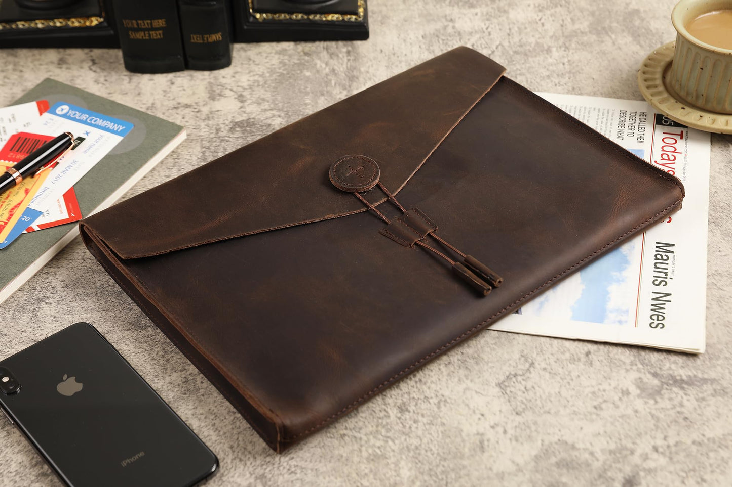 GZRHKJ Genuine Leather Folder Portfolio, Leather File Folder Organizer，Envelope Document Holder for Men&Women, Personalized Folio Laptop Sleeve Case for 15" Laptops, Tablets