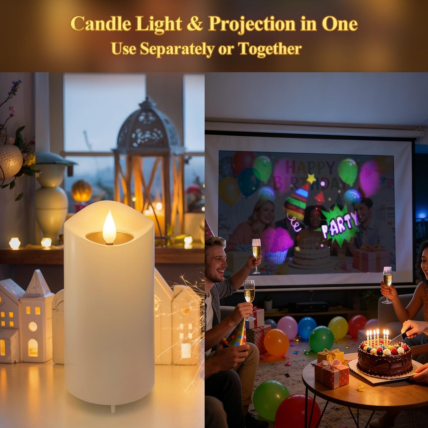 IMAGE Flameless Candles Light, Night Light with Projector, Battery/USB-C LED Candle Indoor Light Gift for Christmas Halloween Birthday Wedding Easter Home Decor, 6 Slides, Remote & Timer
