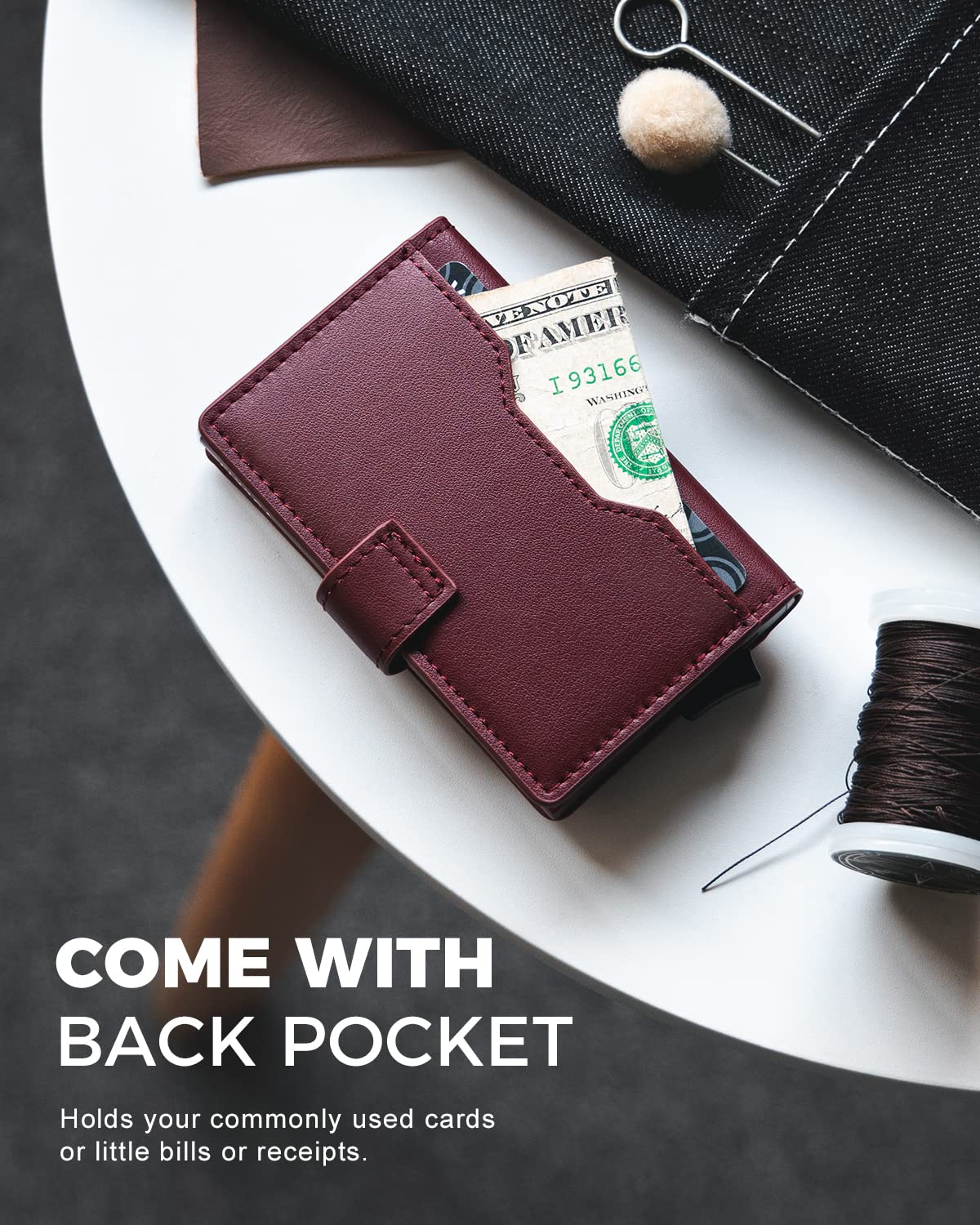 VULKIT Slim Bifold Pop up Wallet Minimalist Leather Card Holder RFID Blocking Metal Card Case with ID Window for Women(Wine)