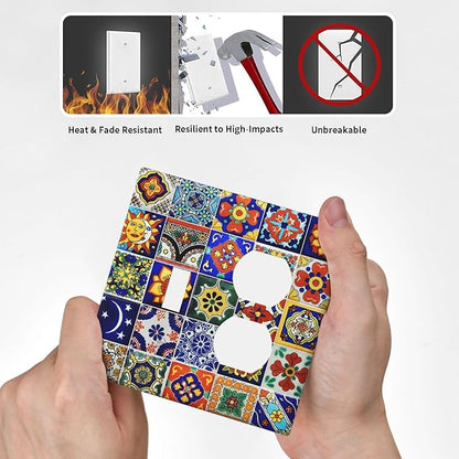 Decorative Light Switch Cover Plate Traditional Colorful Talavera Mexican Spanish Moroccan Tiles 2 Gang Outlet Covers 1 Toggle 1 Duplex Wall Plate Decorate Electrical Switch Plate Covers for Kitchen