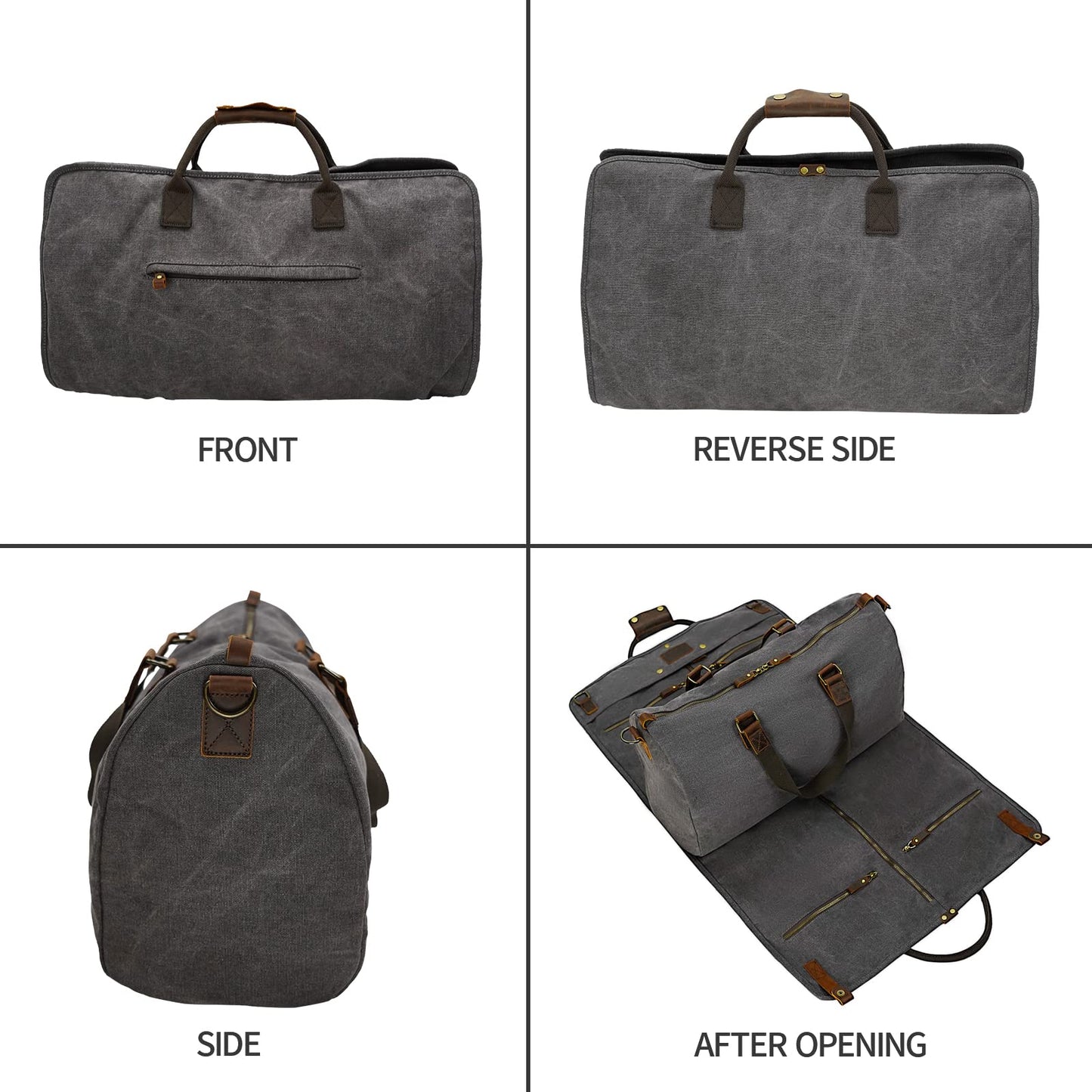 2 in 1 Suit Garment Duffle Convertible Carry-on Bag With Canvas Leather Shoulder Strap for Travel, Business Trips, Storage - Hangding Suit, Clothes, Dresses, Shoes (Gray)
