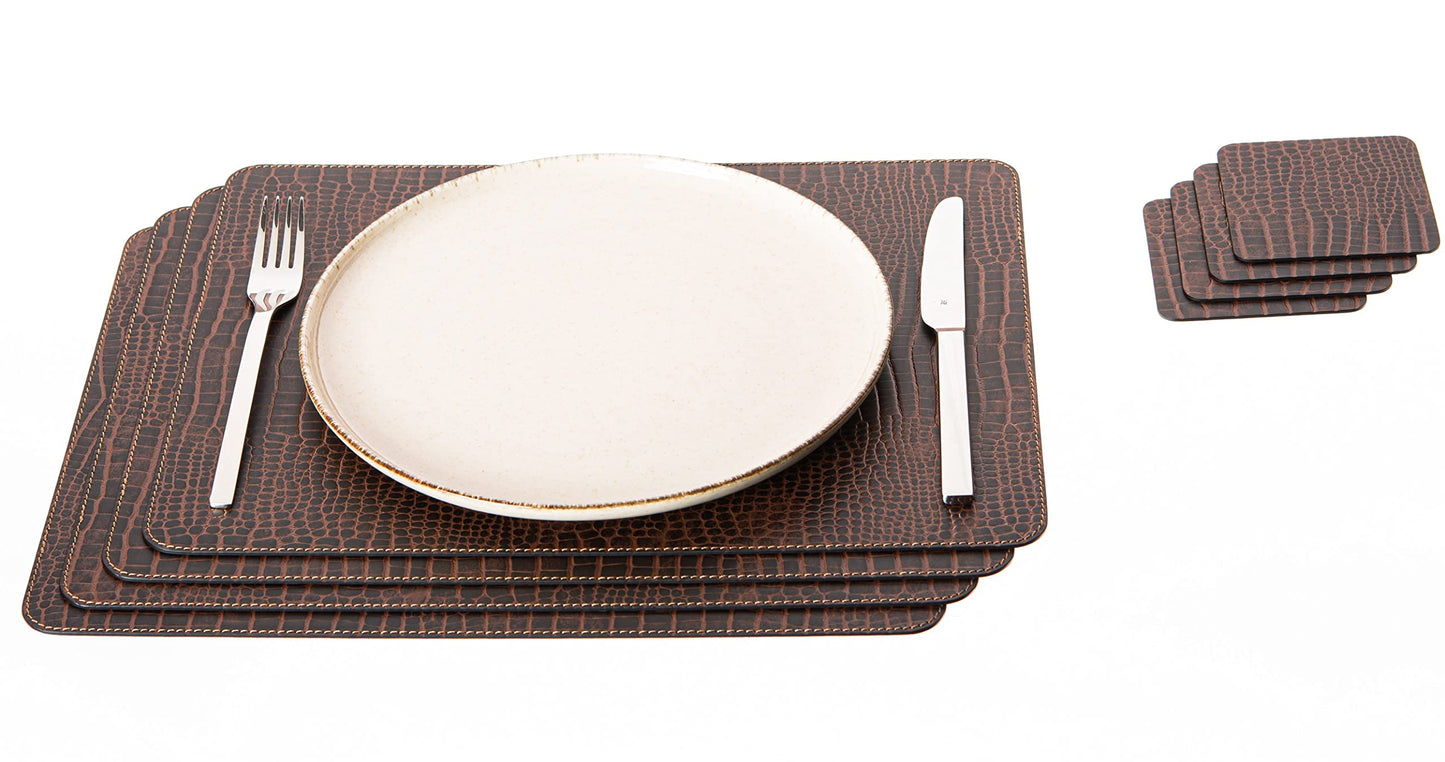 Nikalaz Set of 4 Placemats and 4 Coasters Made of Recycled Leather (18''x13'', Crocodile Embossing)