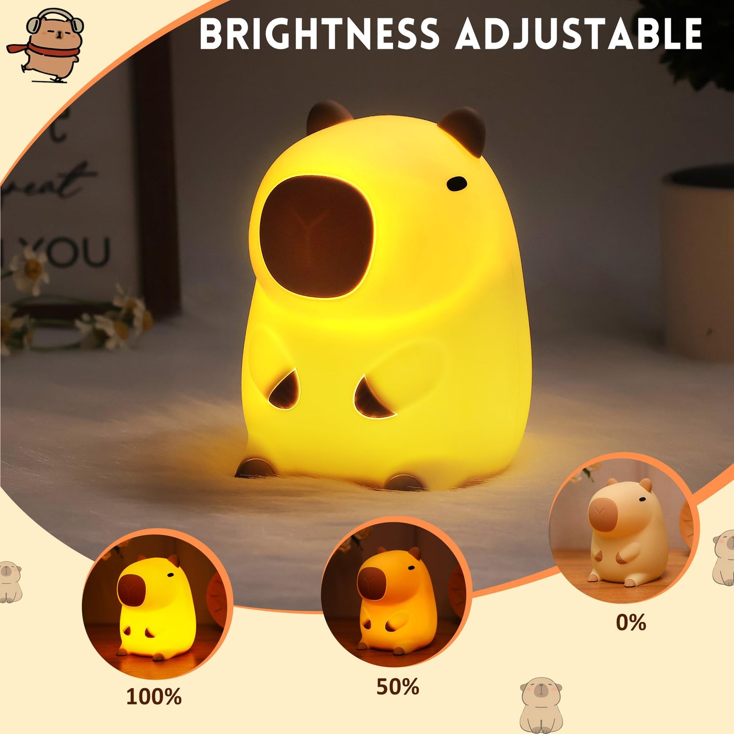 Okayera Capybara Night Light, Capybara Gifts for Kid Friend, Animal Squishy Silicone Nursery Lamp with Timer Dimmable, Rechargeable Bedroom Bedside Decor Birthday Graduation Xmas Present for Boy Girl