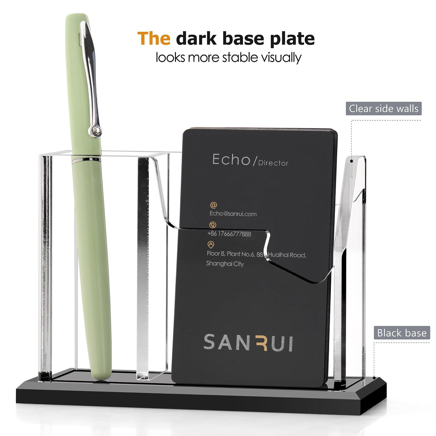 SANRUI Vertical Business Card Holder with Pen Holder for Desk, Clear Acrylic Desk Organizer and Accessories, Professional School Office Supplies Collection Caddy，Multi-function Storage Box