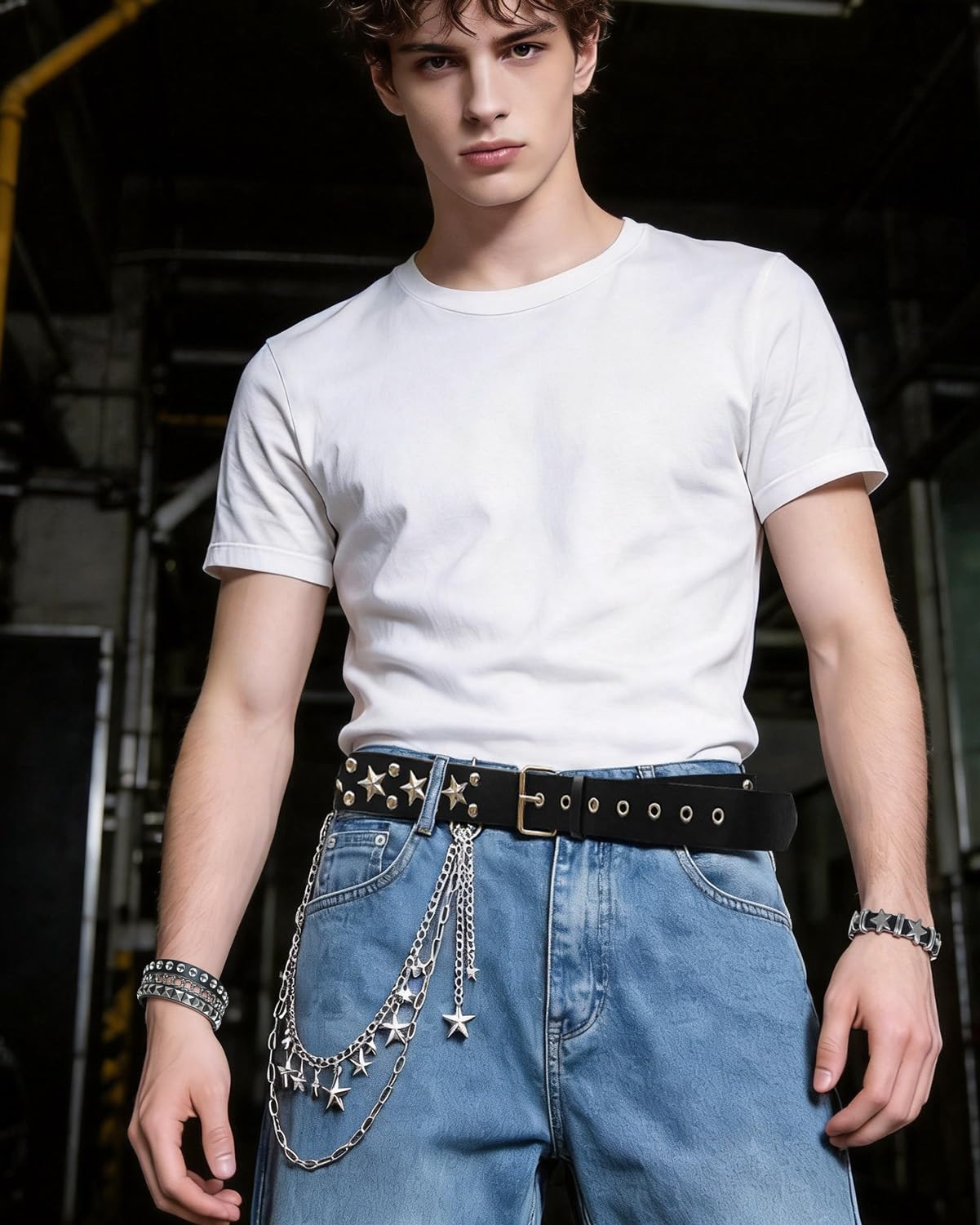 KRLBZER Y2K Star Studded Belt with Silver Star Pants Chain Punk EmoBlack Studded Belts Gothic Grunge Rock Fashion Accessory (4Pcs)