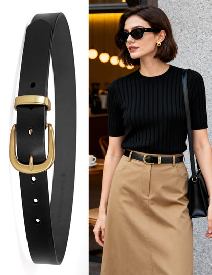 wolksprong Womens Belts for Jeans 1.1" Width Ladies Belts for Dresses Full Grain Leather Gold Buckle Belt Gift Box