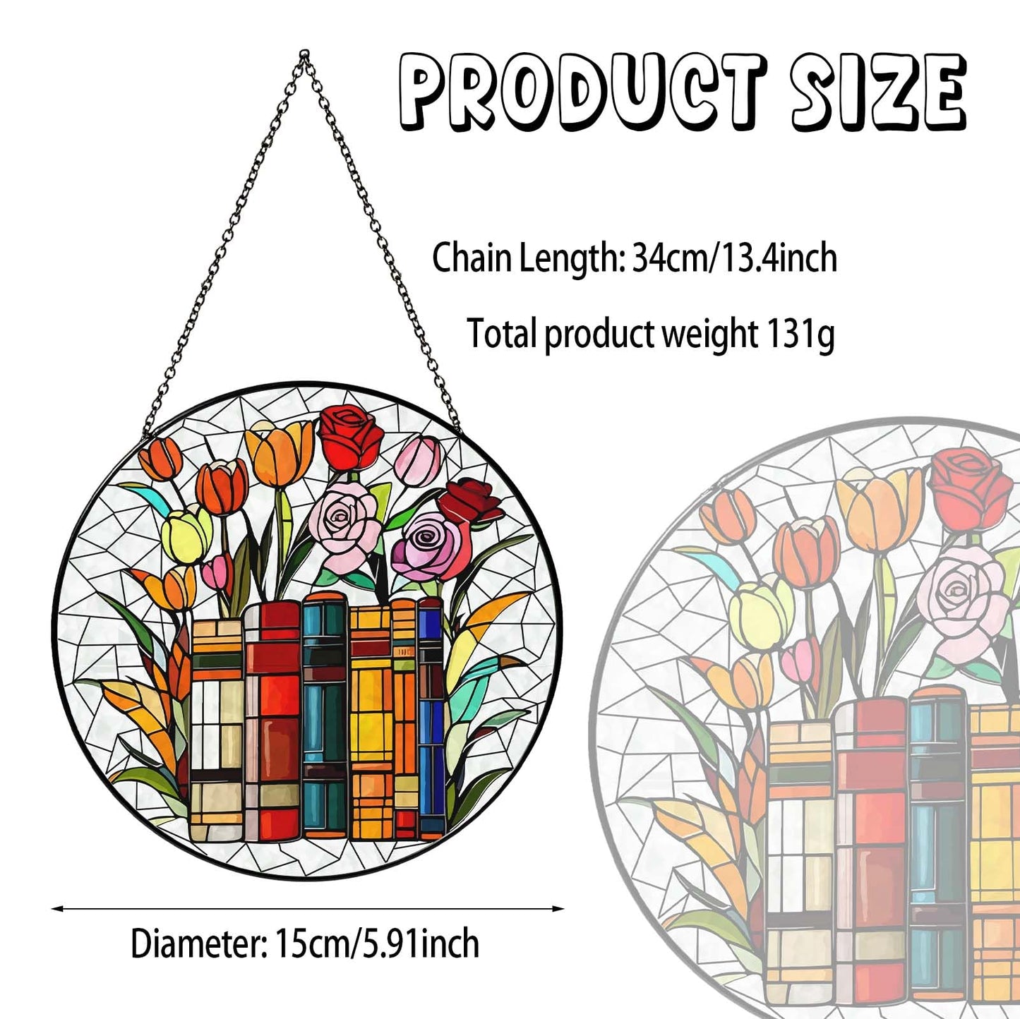 RVEAFA Flower Book Stained Glass Window Hanging 6'' Sun Catcher Book Club Lover Gifts for Women Reading Room Decor Handmade SunCatcher Decoration for Garden Home Bookish Library Decor