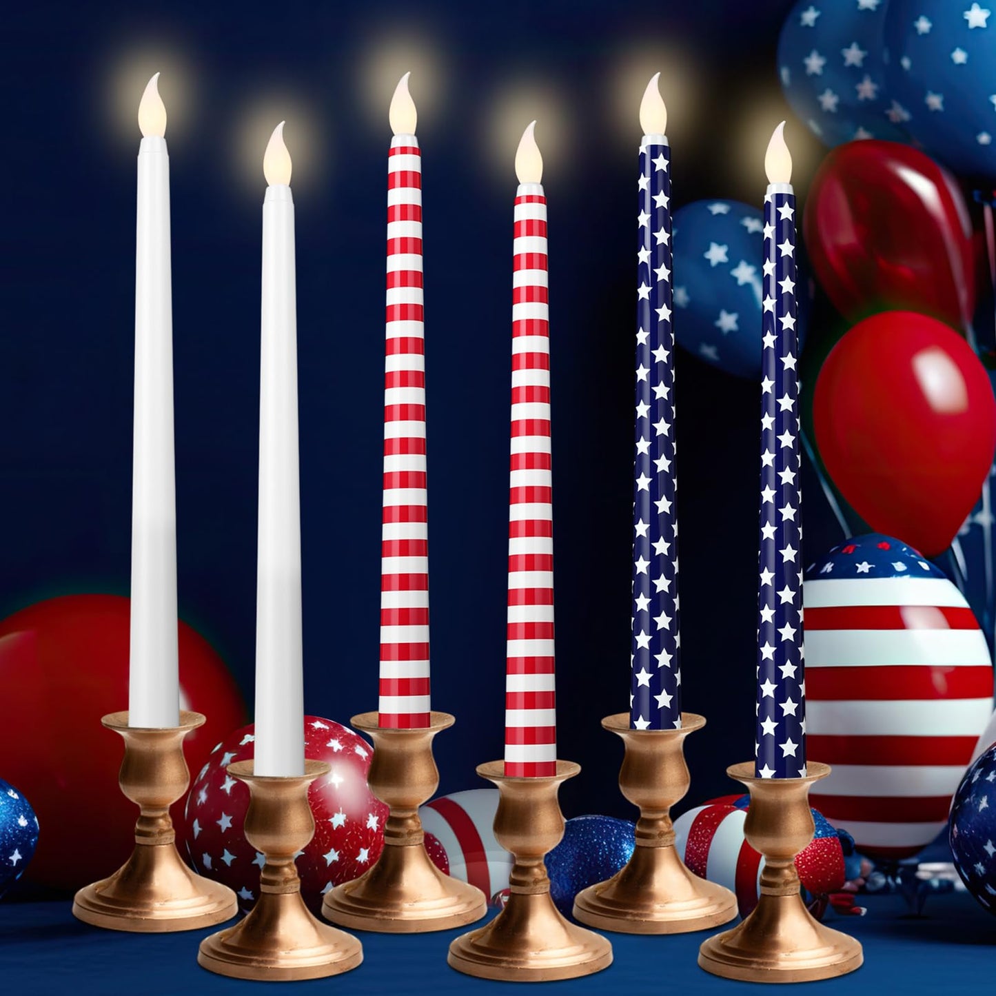 Kittmip 6 Pcs 4th of July Patriotic Flameless Taper Candles 11'' Red White Blue Battery Operated LED American Flag Stars Candles Real Wax Table Centerpiece for Independence Day Party Decor