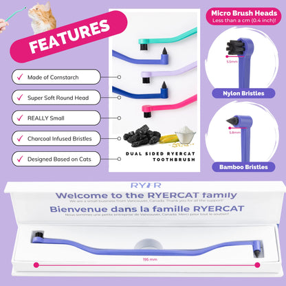 RYERCAT Dual Sided Cat Toothbrush - Kitten Toothbrush with Micro Head (Very Small) to fit into Cat/Kittens Mouth - Cat Dental Care Supplies - Pet Toothbrush for Cats (Amethyst Purple)