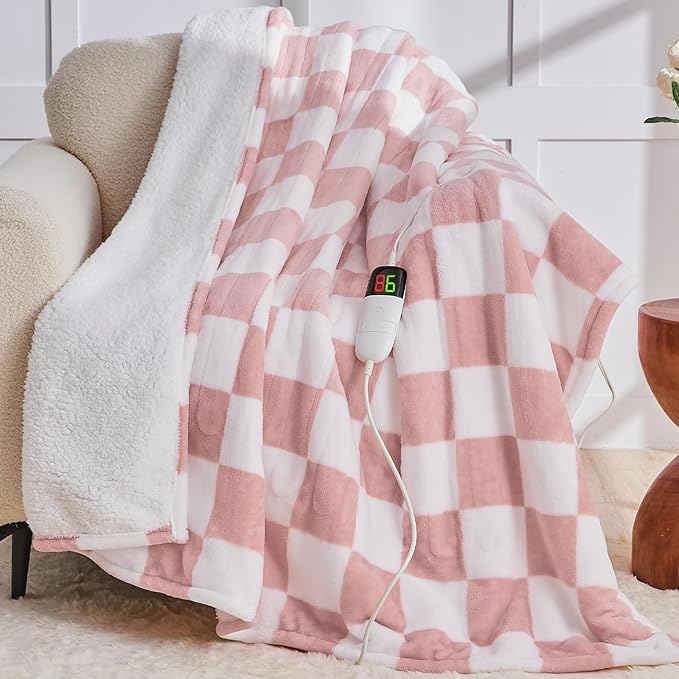 Light Pink Heated Blanket Electric Twin Size, 62X84 Heating Blanket with 10 Heat Levels & 8 Hours Auto Off, Checkered Plaid Soft Fleece Sherpa Blankets Warmer Gifts for Couch Grandma Women Adults