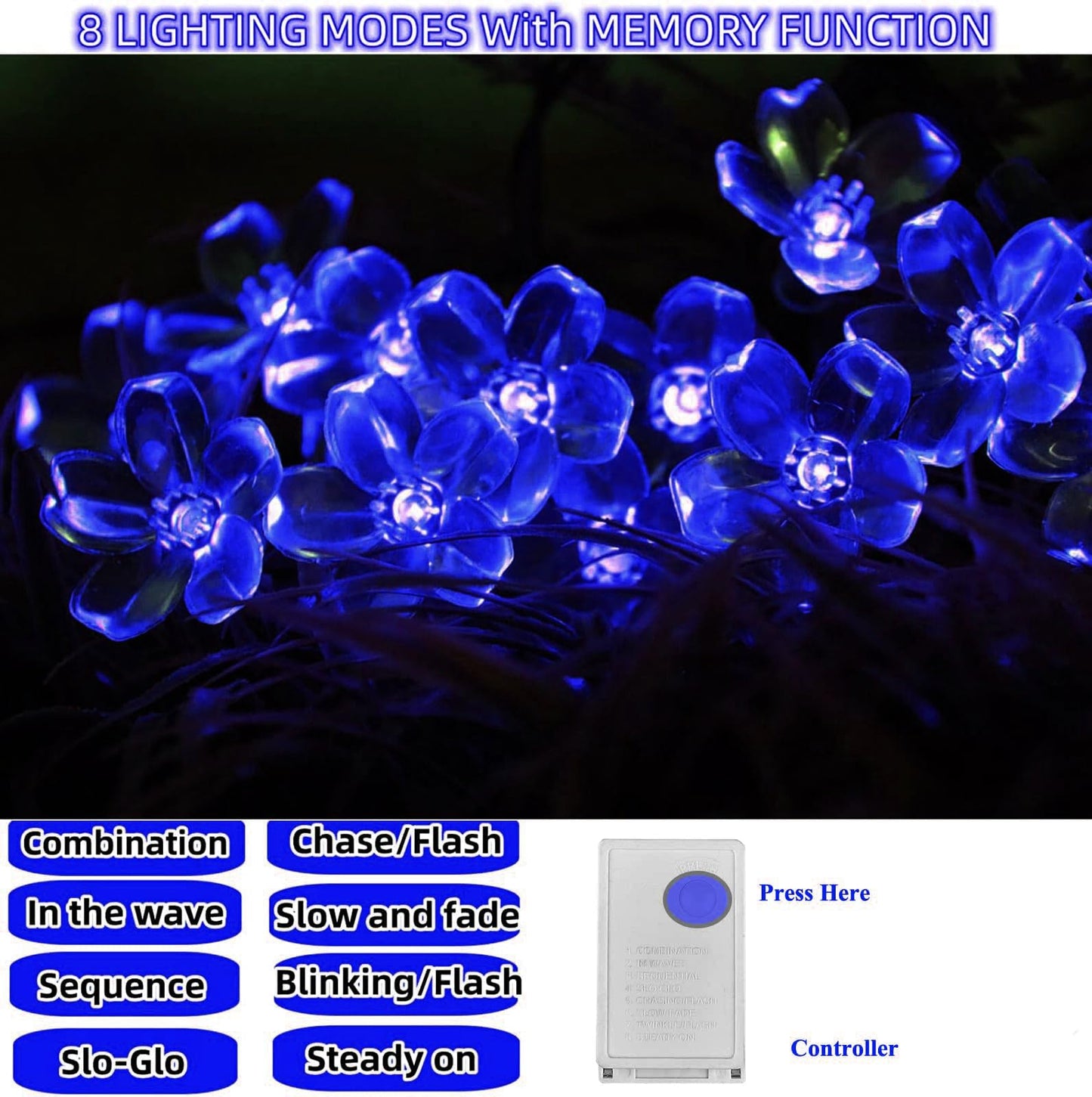 Blue Flower String Lights Indoor Outdoor Decorations, 33ft Connectable Clear Wire 100 LED Cherry Blossom Fairy Light with 8Mode & Memory for Christmas Easter Birthday Wedding Party Bedroom Décor