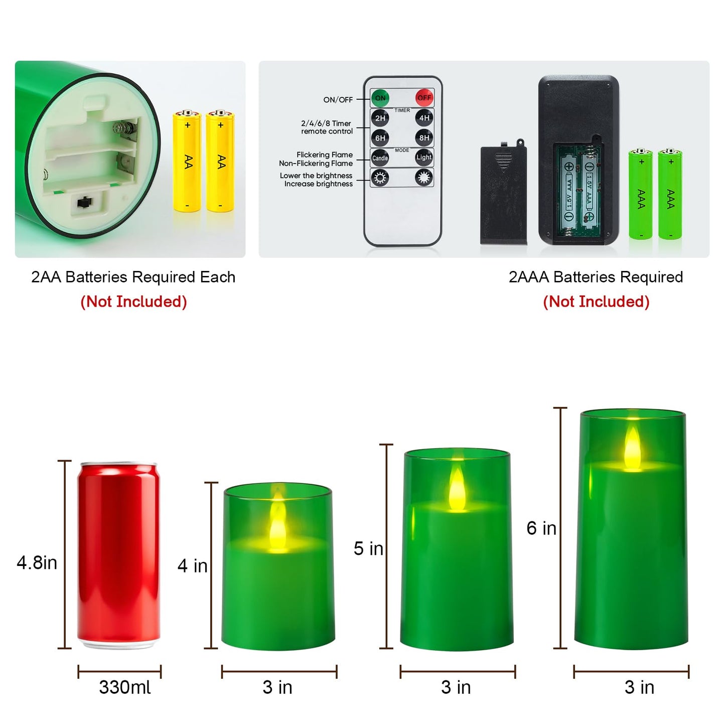 Raycare St. Patrick's Day Flameless Electronic Pillar Candles with Remote Control and Timer- Battery Operated Realistic Flickering LED Fake Candle for Home, Wedding Decor,Green,Set of 3(3"x4"5" 6")