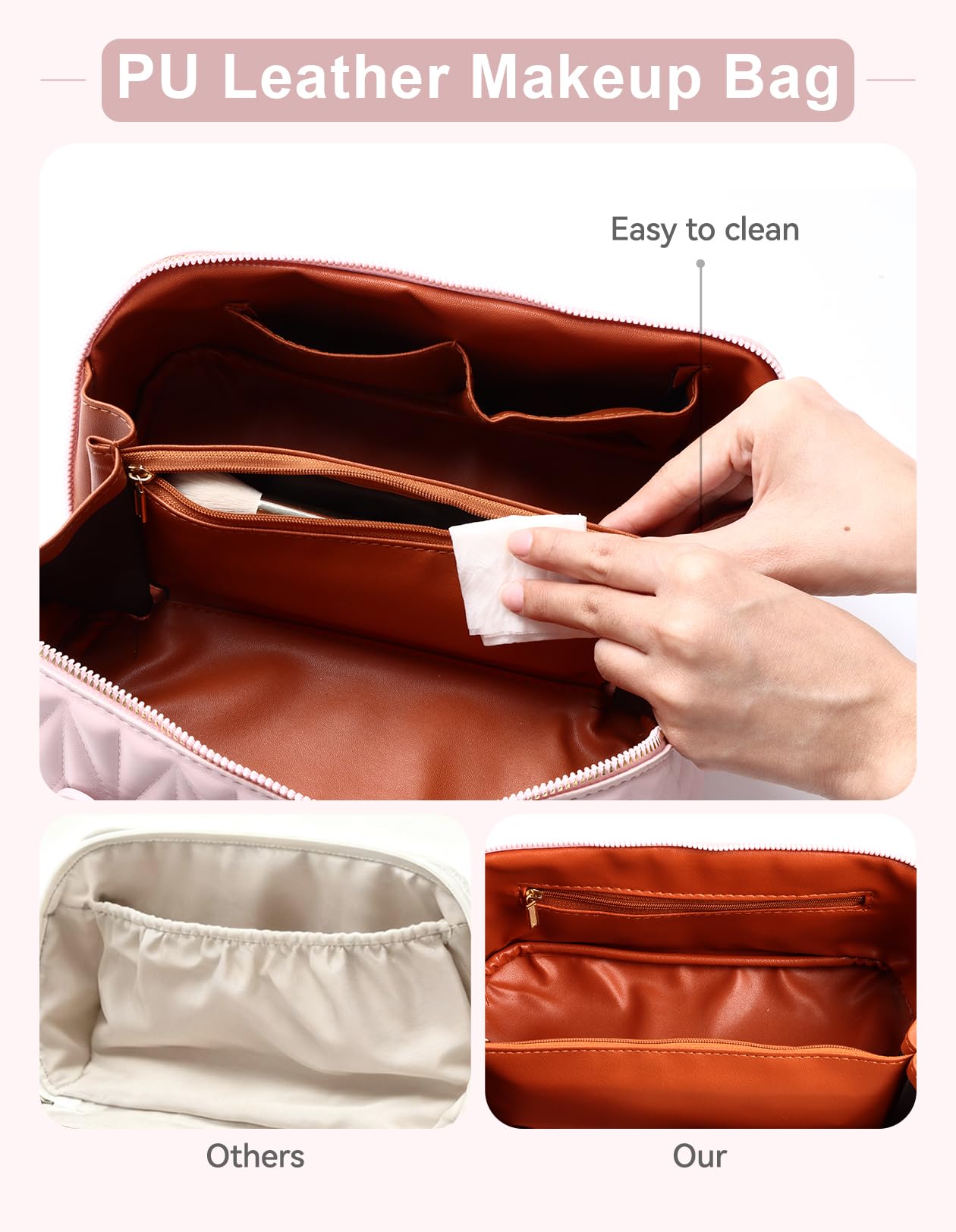 VIDIBESTY Travel Makeup Bag for Women, Large Capacity Cosmetic Bags for Girls, Compact Pouch Make up Organizer, Waterproof Toiletry Bag with Divider and Handle (Pink)