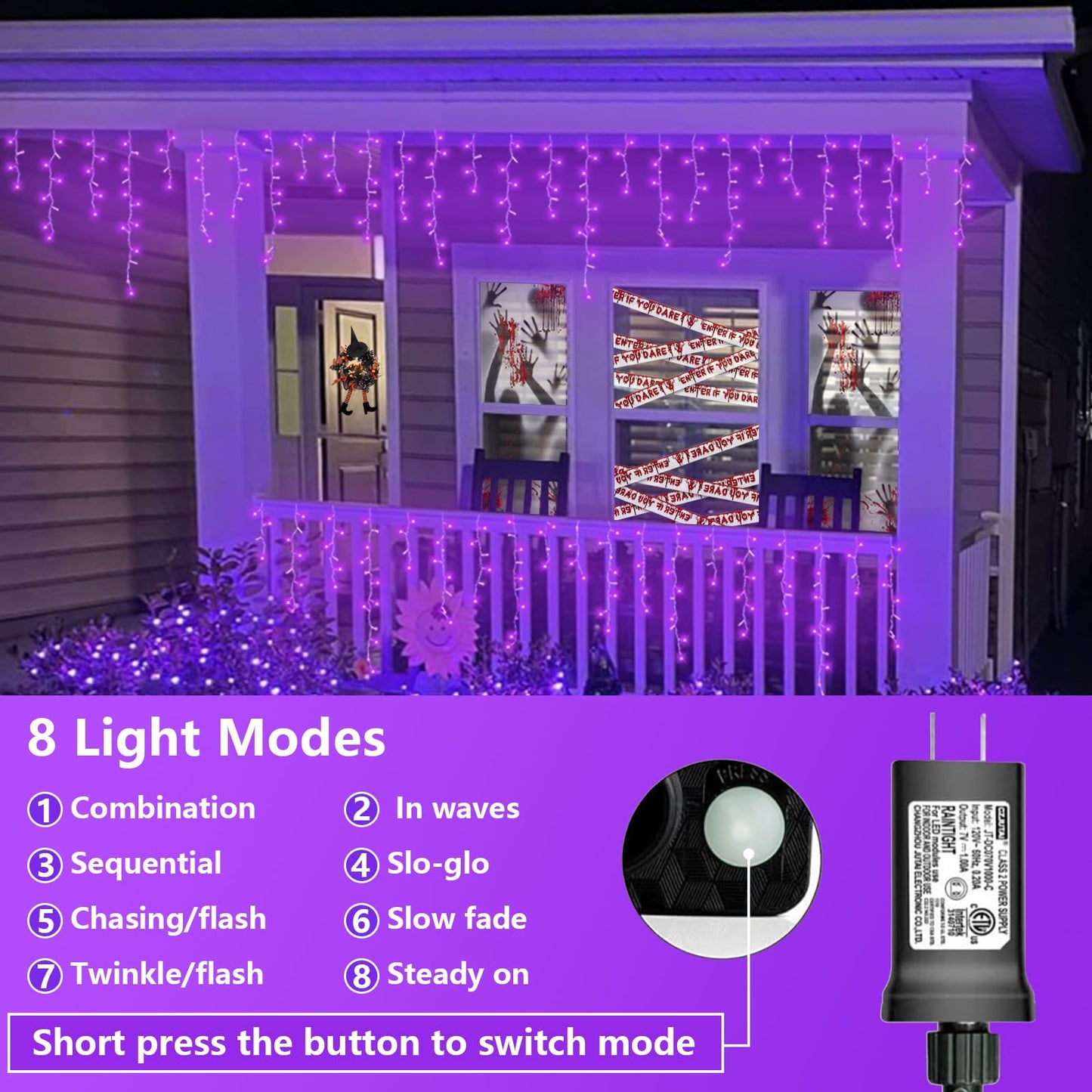 QITONG Purple Icicle Lights for Outside, 33ft 400 LED String Light Indoor Plug in, Clear Wire Connectable Icicle Christmas Lights with 8 Modes