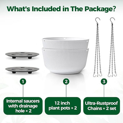 T4U 12 Inch Large Hanging Planters for Outdoor Plants, 2 Pack Self Watering Pots Indoor, Hanging Baskets for Plants,Hanging Flower Pot with Drainage Hole and Plant Hanger, White